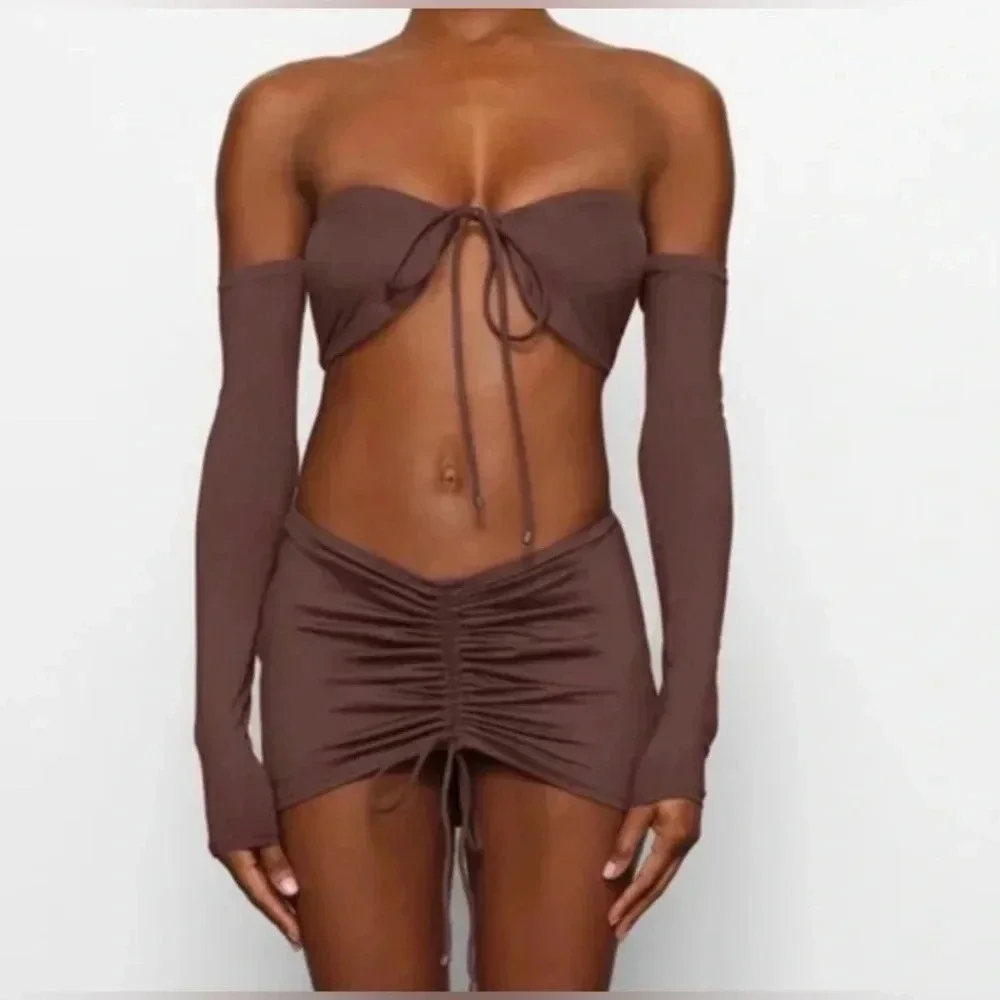 SKIMS Signature Swim Long Sleeve Bikini Top Cocoa Brown Size 4X New with Tags